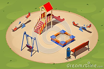 Children`s playground on a round sand glade among the grass, isometric vector Vector Illustration