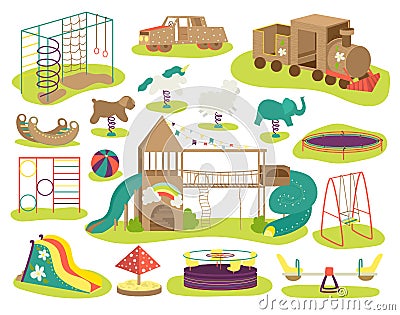 Children`s playground vector illustrations set. Teeter board, swings, sandpit, sandbox and bench, carousel, children Vector Illustration