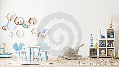 Children`s playroom interior with toys, kids furniture, table with chairs, shelves, scandinavian style, 3d rendering Stock Photo