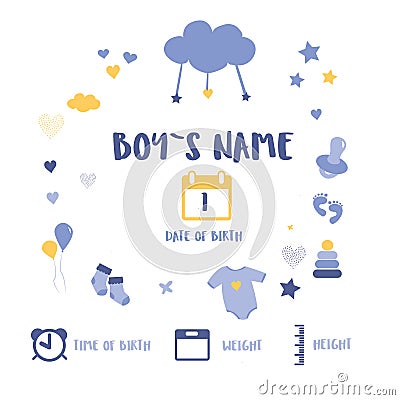 Children`s posters, height, weight, date of birth. Cute illustration on white background. Illustration newborn metric for children Cartoon Illustration