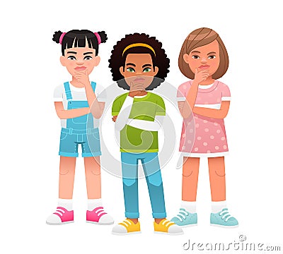 Children's problems. Three little girls have questions. Portrait of thoughtful schoolchildren. Vector Illustration