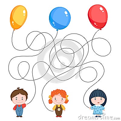 Children`s riddle picture. Three children with balloons, yellow, blue and red, the threads are mixed. Vector Illustration