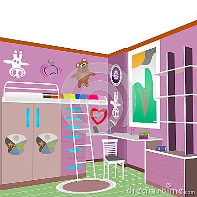 Children`s room design violet Vector Illustration