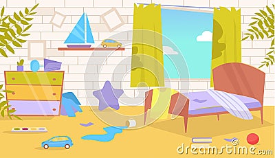 Children`s room. Dirty, messy Vector. Cartoon. Isolated art on white background. Vector Illustration