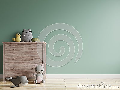 Children`s room with a green wall is blank. Decorated with dolls on wooden cabinets with wooden floors.3d rendering Stock Photo