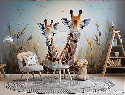 children's room interior, table, chair, bookcase, rug, 3 -D giraffe wallpapers Stock Photo