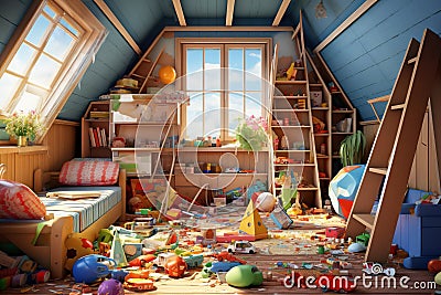 A children's room littered with toys before cleaning.the interior of a children's room Stock Photo