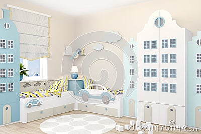 Children`s room for two boys in Scandinavian style. Wardrobe in the form of Amsterdam houses. Stock Photo