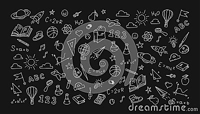 Children`s school drawings on the chalkboard. Vector Illustration