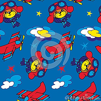 Children`s seamless pattern, airplanes, helicopters and a starry sky on a blue background Vector Illustration