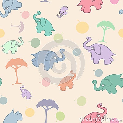 Children`s seamless pattern with elephants and trees, fruits. Vector Illustration