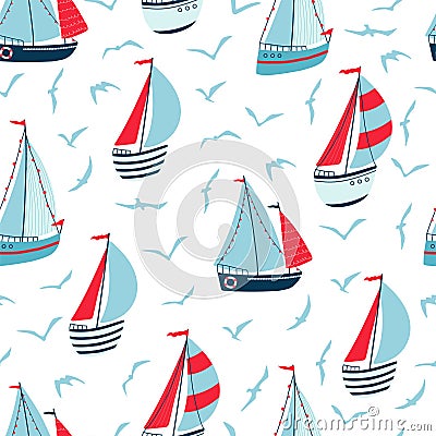 Children`s seamless pattern with sailboats, yachts and seagulls on white background. Cute texture for kids room design Vector Illustration