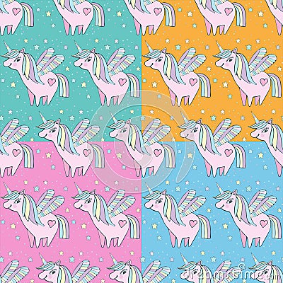 Children s seamless pattern set. Cute little pink magical unicorn with wings among the stars. Delicate, pastel colors Vector Illustration