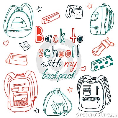 Children`s set of outline drawings of backpacks and school things Vector Illustration