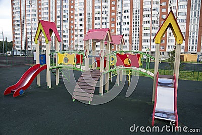 Children`s set of wooden slides on the Playground of the city. Stock Photo
