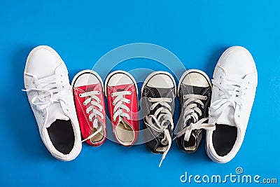 Children's sneakers.Blue background. Stock Photo