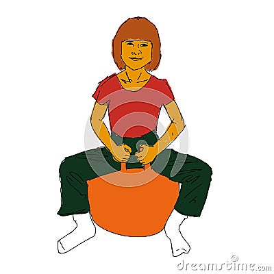 Little girl on orange fit ball. Vector Vector Illustration