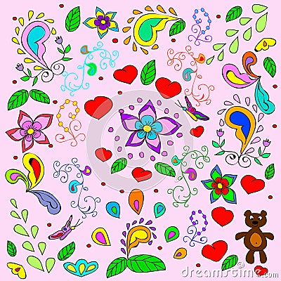 Children's summer background with bears and hearts. Vector Illustration