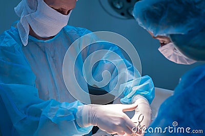 Children`s surgeons perform urological surgery. A man and a woman in a mask, and a blue sterile gown, in the operating room Stock Photo