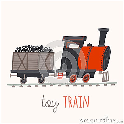 Children s toy red steam locomotive. Cartoon vector eps 10 illustration isolated on white background. Vector Illustration