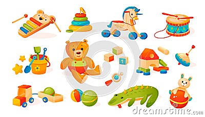 Children's toys collection. Teddy bear, ball, cubes, wooden toys. Vector Illustration