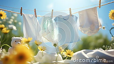 Children's underwear dries on a rope in a meadow with blooming fragrant flowers. Stock Photo