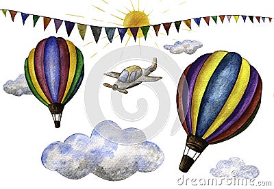 Children's watercolor illustration, set of balloons, clouds and airplan in different colors. Cartoon Illustration