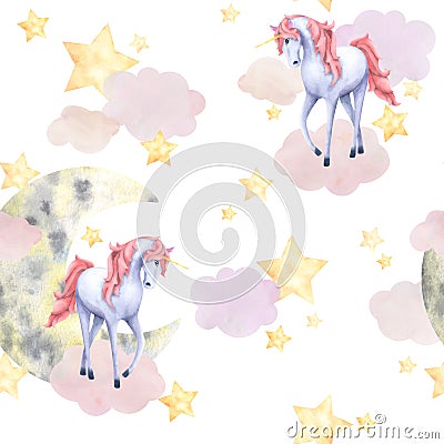 Children's watercolor seamless pattern with unicorn, moon and stars. Stock Photo