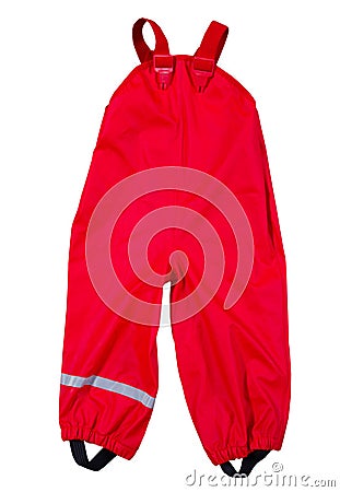 Children`s wear - Red rainpants raincoat with reflector on the leg isolated over the white background Stock Photo