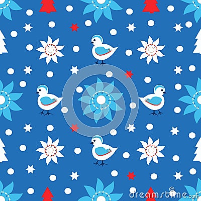 Children`s winter seamless pattern with chickens and snowflakes. Vector Illustration