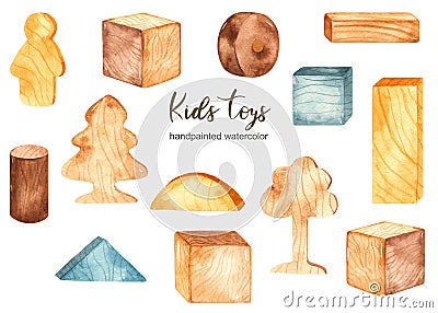 Watercolor set with children`s wooden toys by the designer Stock Photo