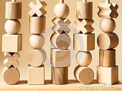 Children`s wooden toys. Sequencing education Blocks, motor skills Stock Photo