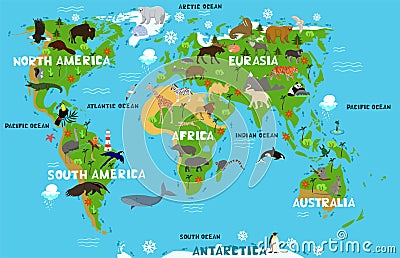 Children s world map with the names of continents and oceans. Animals on the mainland. Vector graphics Stock Photo