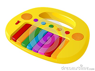 Children`s yellow toy electric piano with multicolored keys and buttons Vector Illustration