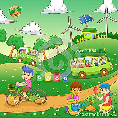 Children save our green world Vector Illustration