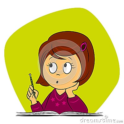 Children in school - girl is thinking Cartoon Illustration