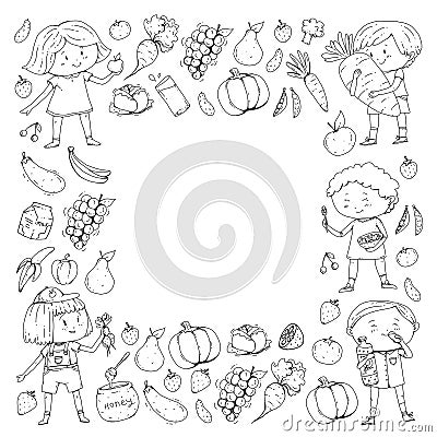 Children. School and kindergarten. Healthy food and drinks. Kids cafe. Fruits and vegetables. Boys and girls eat healthy Vector Illustration
