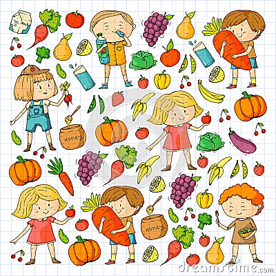 Children. School and kindergarten. Healthy food and drinks. Kids cafe. Fruits and vegetables. Boys and girls eat healthy Vector Illustration