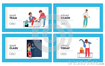 Children In School Sports Locker Room Landing Page Template Set. Boys Characters Change Clothes After Training Vector Illustration