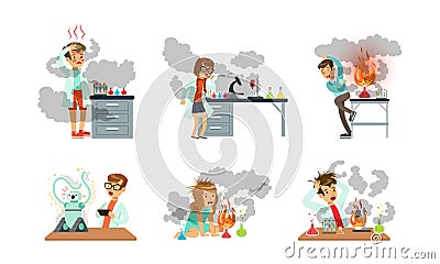 Children Scientist at Table with Exploded Flask with Chemicals After Failed Experiment Vector Set Stock Photo