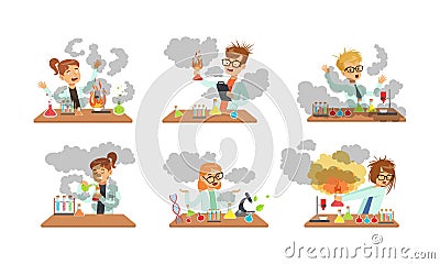 Children Scientist at Table with Exploded Flask with Chemicals After Failed Experiment Vector Set Vector Illustration