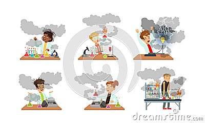 Children Scientist at Table with Exploded Flask with Chemicals After Failed Experiment Vector Set Vector Illustration