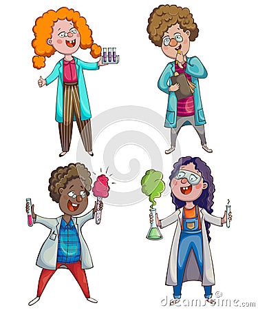 Children scientists set. Cartoon characters. Vector Illustration