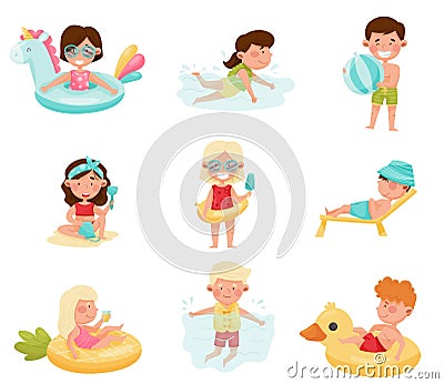 Children at Sea Shore Playing in Sand, Sunbathing and Swimming in Water Vector Illustrations Set Vector Illustration