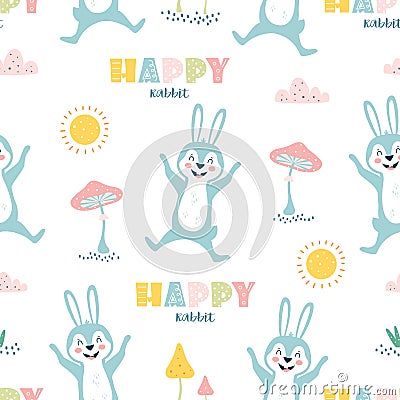 Children seamless pattern with cartoon cute rabbit Vector Illustration