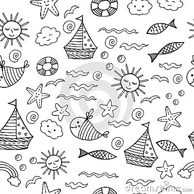 Children seamless pattern with doodle beach elements - sea, sun, shell, fish, ship, sun. Coloring page for adults. Vector Vector Illustration