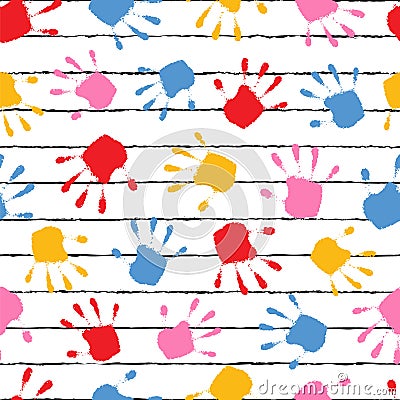 Children seamless pattern. Kid stamps background. Repeated cute handprint design for prints. Repeating color backdrop. Repeat cool Vector Illustration