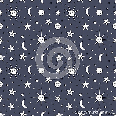 Children seamless pattern of night sky with sun, moon and stars Vector Illustration