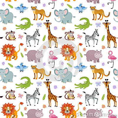 Children seamless vector wallpaper with cute and funny baby savanna animals Vector Illustration