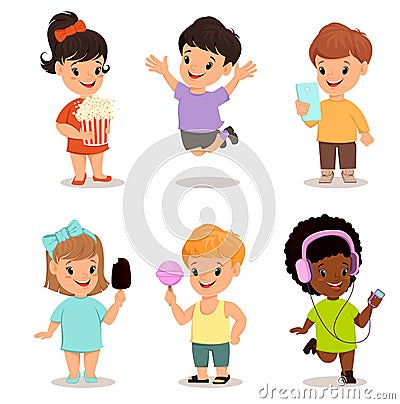 Children set. Cute kids playing, running and jumping Vector Illustration